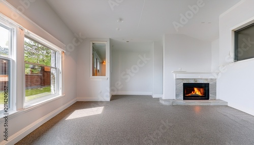 new and empty house with white wall light fire place and kitchen countertop just completed ready to move in