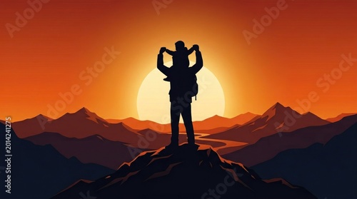 Father's day 2026 silhouette of father and son celebrating on mountain peak at sunset