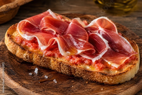 Catalan tomato toast topped with cured ham on rustic table. AI-generated.