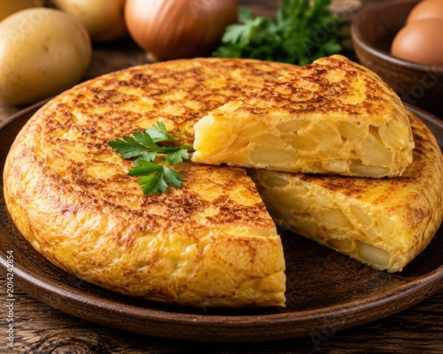 Traditional Spanish potato omelette on rustic wooden table. AI-generated.