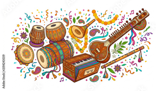 Photography Traditional Indian musical instruments vector illustration with festive confetti