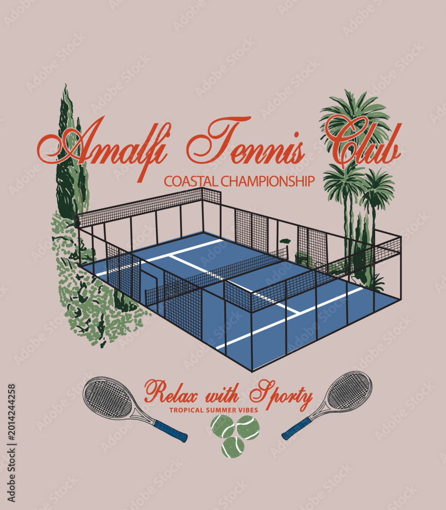 Fototapeta premium Tennis with palm tree and Tennis Bat with ball. Relax With Sporty Typography Summer Slogan. Vacation Tee Shirt Graphics. Tee Shirt Design. hand Drawing illustration. boy's men's clothing prints.