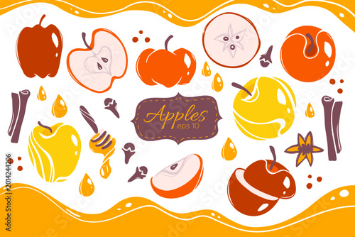 Vector apples set with honey and spices