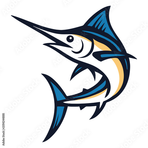 Quadro su tela Blue marlin fish, leaping, with white and yellow accents
