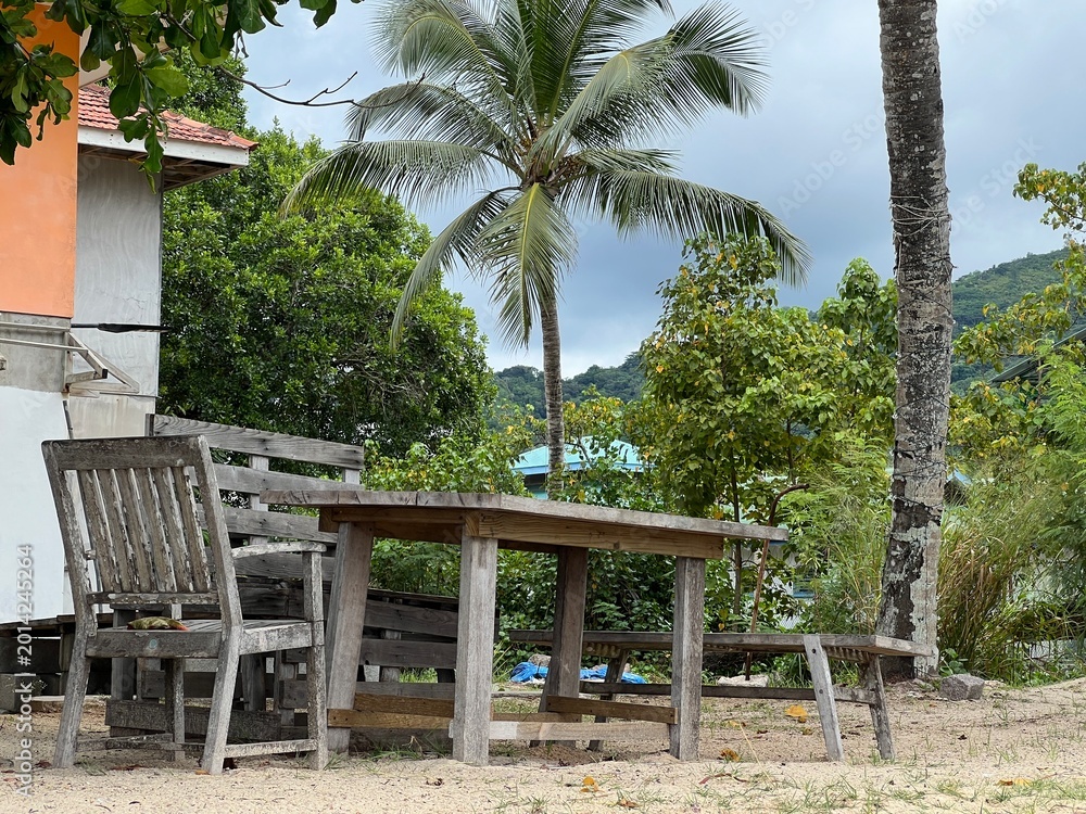 Fototapeta premium Old, dilapidated wooden table with bench and chairs on the beach with palm tree in the background