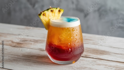 Refreshing colorful tropical fruit cocktail with pineapple slice garnish