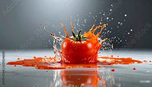 Eine rote Tomate fällt in Wasser auf einen grauen Boden, vor dem Hintergrund eines grauen Raumes mit Lichteinfall.