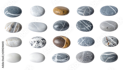 Collection of smooth, polished, naturally formed pebbles and stones in various colors and patterns, isolated on a white background, perfect for design elements