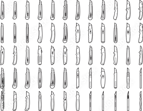 A collection of precisely-rendered utility knives, showcased in a minimalist and clean composition, highlighting the diverse designs and forms of these essential tools.