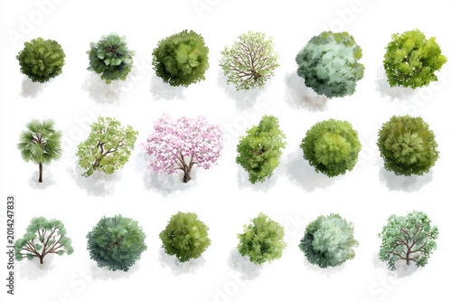 Watercolor top view tree collection in green tones