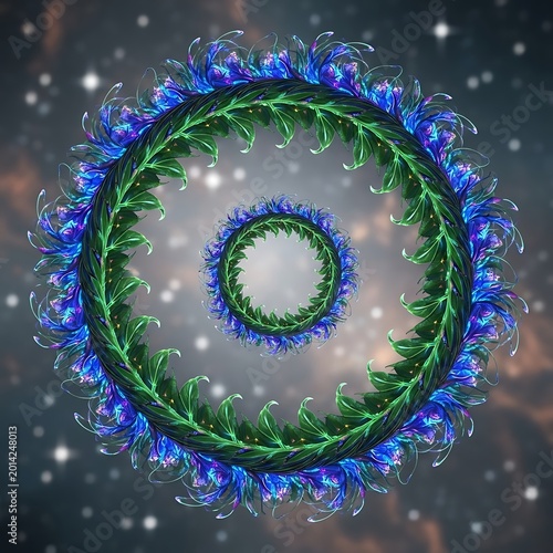 Intricate circular floral patterns in blue and green against a starry, cloudy sky