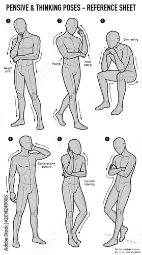 Bild auf Leinwand Figure Drawing Pensive and Thinking Poses Reference Sheet