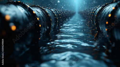A futuristic underwater cabling system with glowing orange lights along dark pipes submerged in deep blue water creating a high-tech marine infrastructure scene suitable for AI or advanced technology.
