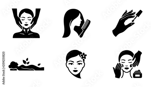 Beauty and Wellness Icons Set: Spa Massage, Hair Care, Nail Polish, Facial Treatment, and Serene Face Graphics for Health and Self-Care Concepts