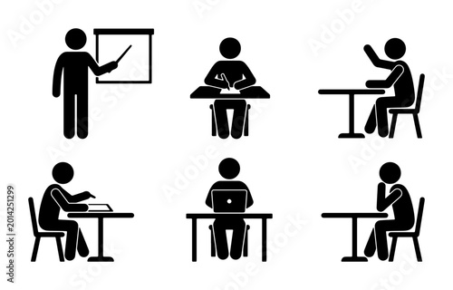 Photos Stick Figure Classroom Icons, Education Learning Set, Student Study Figures, Tea
