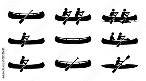 Schilderij op canvas Canoe and Kayak Icons: Set of 9 Vector Silhouettes for Water Sports, Boating, an