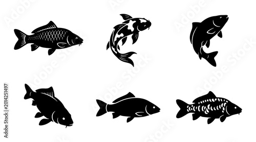 Six Black Carp Fish Silhouettes, Aquatic Animals Vector Icons, Koi Fish Illustration, Pond Life Graphics, Seafood Design Elements, Marine Life Collection