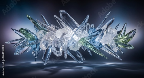 Intricate cluster of transparent crystalline structures, shimmering with light