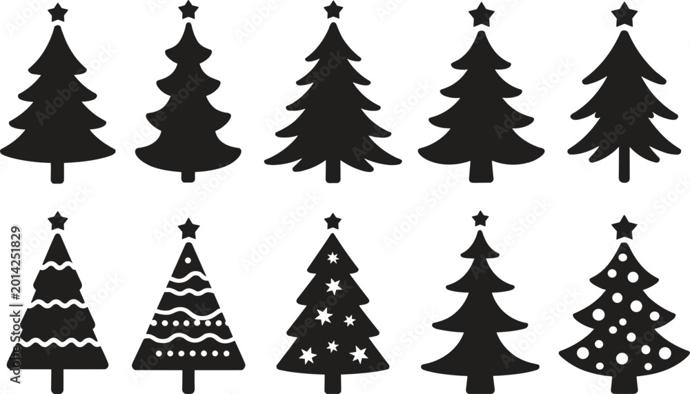 Obraz premium Christmas tree silhouettes, black fir icons with stars and ornaments, festive winter holiday pine collection for seasonal graphic design.