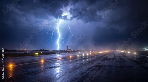 Lightning striking over airport runway during stormy night  