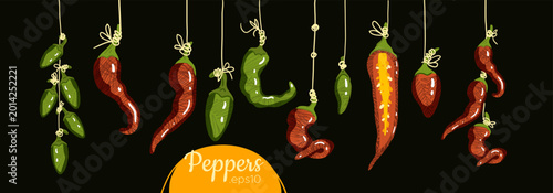 Background of hot peppers on a rope