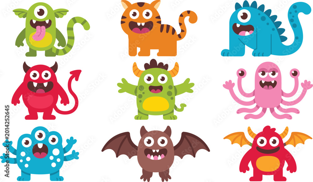 Obraz premium Cute cartoon monster character vector set featuring friendly colorful aliens and beasts in flat design