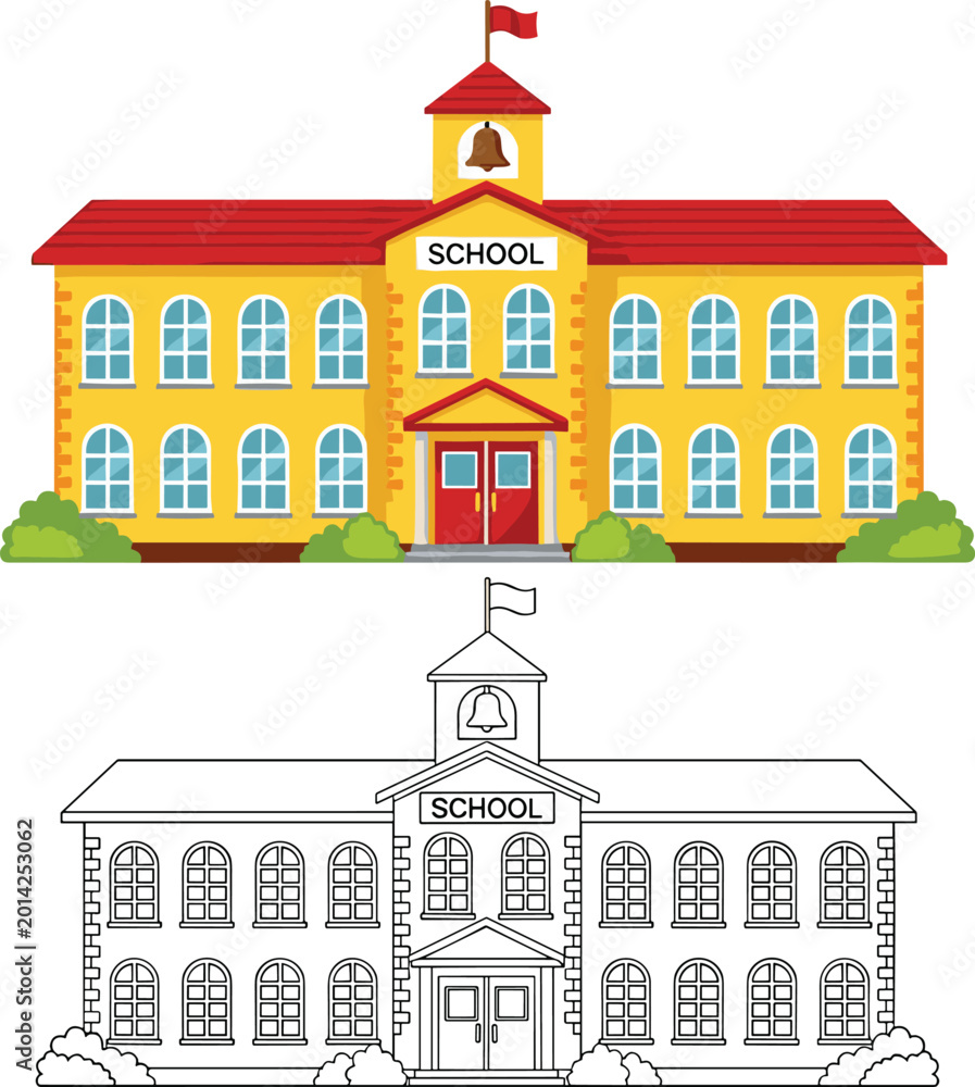 Fototapeta premium Set of School Building Vector Illustrations Featuring a Colorful Brick Version and a Black and White Line Art Version for Education and Coloring Activities
