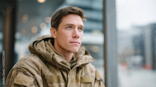 Young veteran in civilian clothes stares at a city job board through a rain-streaked window, determination and uncertainty on his face, ideal for military to civilian transition, urban career