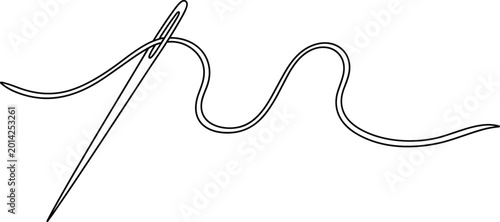 Black and white sewing needle illustration with thread passing through eye, textile craft vector drawing, embroidery, stitching, handmade design, precision, craftsmanship