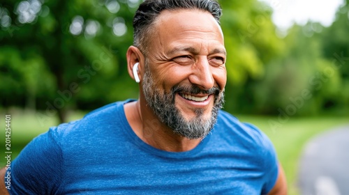 Smiling man enjoys a run in the park wearing a blue shirt and wireless earbuds on a sunny day surrounded by green trees