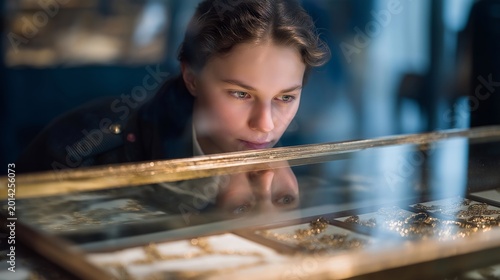 Faded Korean War memorial plaque mounted crooked on a courthouse wall, a child pressing her nose to the glass case protecting old medals inside, her warm breath fogging the display, ideal for
