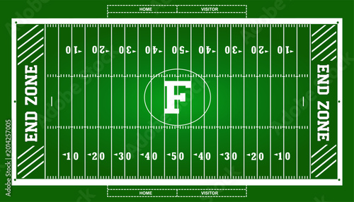 Green football field vector. Overhead view with yard lines. Bold letter F at midfield. White end zone text. Home and visitor benches marked. Symmetrical sports layout with striped corner details