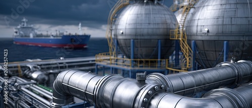 Close up view of industrial storage tanks and piping systems with a cargo ship on water under cloudy sky