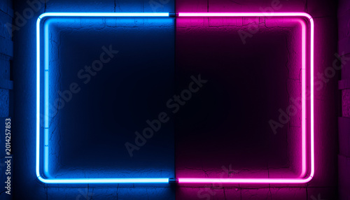 Neon blue and pink square frames on dark background for design and advertising