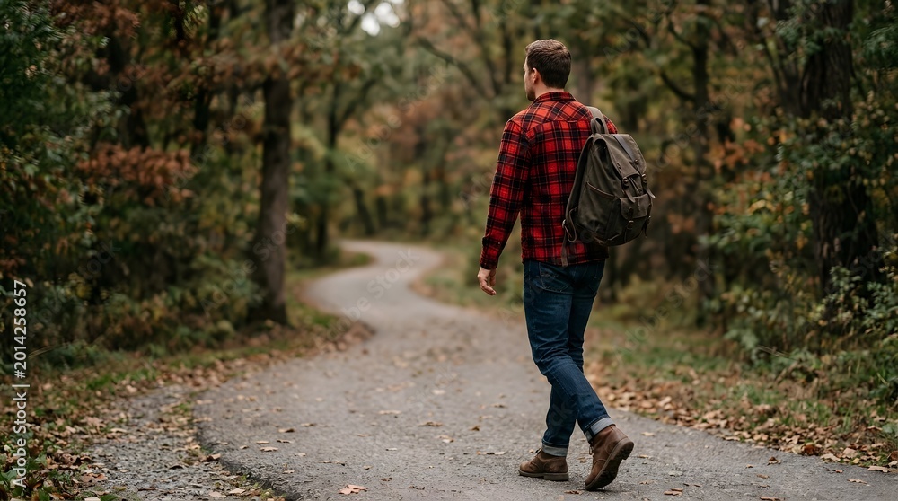 Obraz premium A man wearing a checkered shirt and carrying a backpack walks on a dirt path lined with trees. Leaves have changed colors, indicating fall