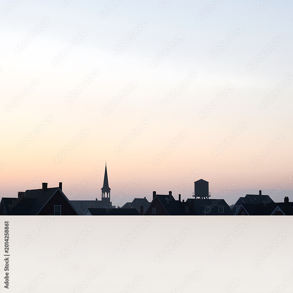 Obraz premium Minimalist cityscape silhouette with church steeple and water tower at dawn.