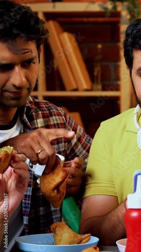 Watching funny video in cafe, Indian Asian young college friends or university students laughing loudly while eating samosa, sipping hot chai, enjoying comedy clip on smartphone indoors joyfully