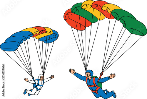 Bild auf Leinwand Skydiving vector illustration showing two skydivers gliding down with bright col