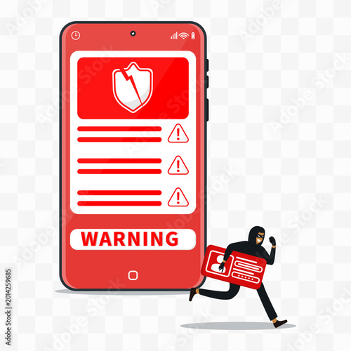 Tableau sur toile Hacker stealing user ID card from smartphone with security warning and broken sh