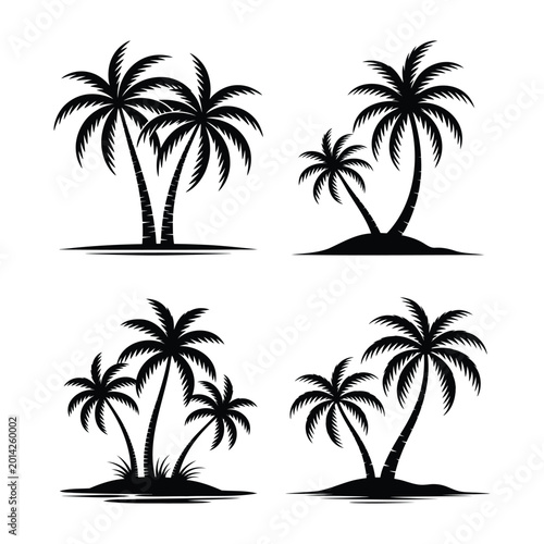 Set of black palm tree icons, featuring various tropical island and beach silhouettes for vacation designs.