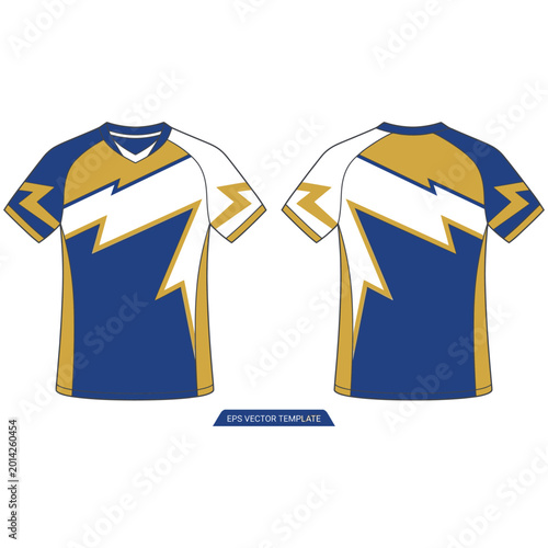 Fotografie Blue and gold soccer jersey template front and back with football jersey, v neck