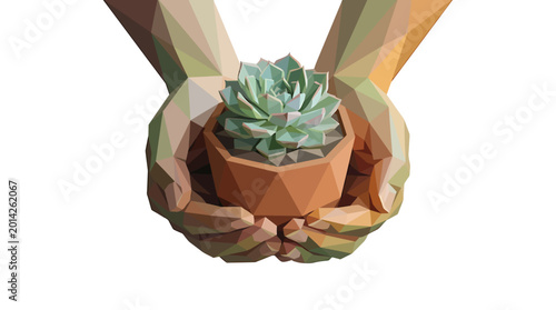 Two abstract hands gently holding a polygonal potted succulent plant, symbolizing care and growth