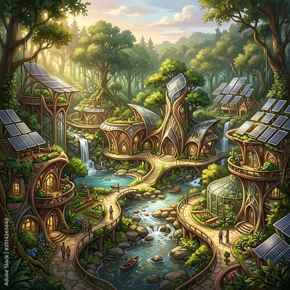 Fototapeta premium Eco friendly village, futuristic treehouses, sustainable homes, green architecture