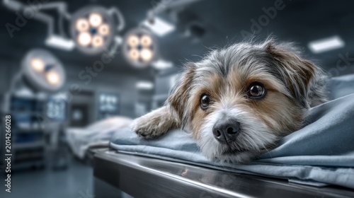 Dog in a veterinary clinic preparing for surgery with medical equipment surrounding it