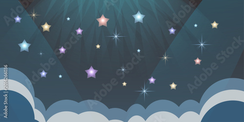 Fotografie Golden shiny dreamy night sky with moon and stars, featuring cute sleeping stars and a relaxing crescent moon in a peaceful starry scene