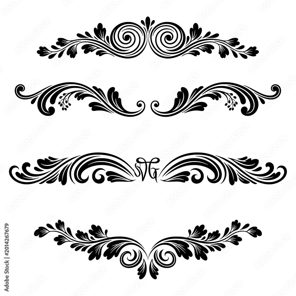 Fototapeta premium Set of Four Vintage Floral Scroll Ornaments and Decorative Page Dividers