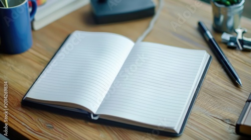 A template for the cover of an empty book or notebook with a cup of coffee. Top view of the layout in a cozy setting.