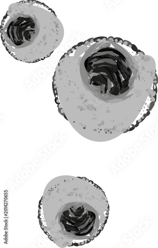 Composition of three abstract round shapes in gray and black tones for printing on clothes in the form of stickers