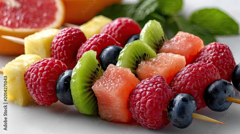 Obraz premium Rainbow fruit skewers on a white background showcasing colorful fresh fruits, arranged neatly for a vibrant, healthy snack