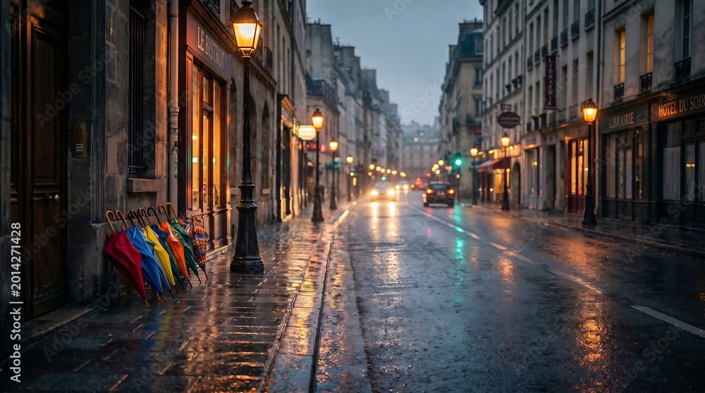 Fototapeta premium Empty city street at night in the rain with glowing street lights and colorful reflections on a wet road